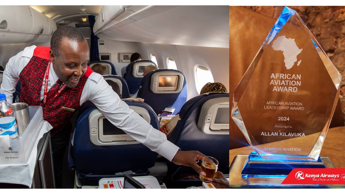 Allan Kilavuka serving KQ customers and the award he received. PHOTO/COURTESY
